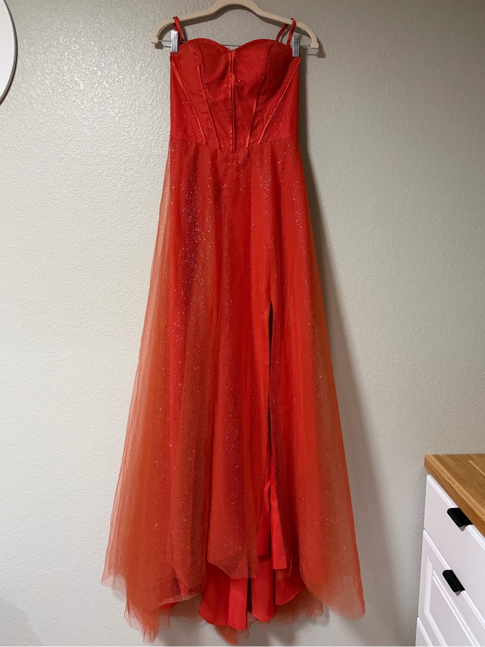 Strapless Orange Glitter Tulle Corset Style Dress